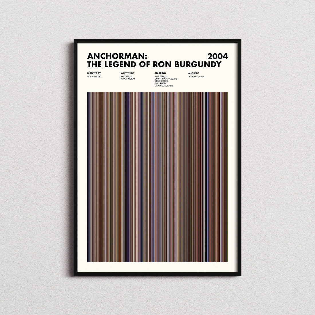 Anchorman: The Legend of Ron Burgundy Movie Barcode Poster framed on a plain studio wall