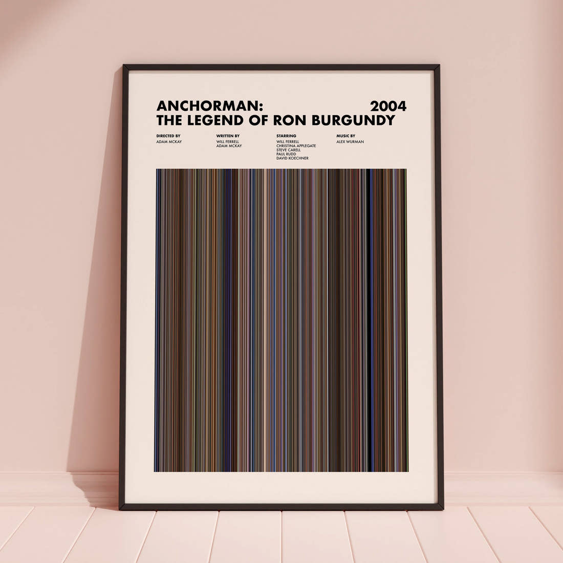 Anchorman: The Legend of Ron Burgundy Movie Barcode Poster framed and leaning against a coloured wall