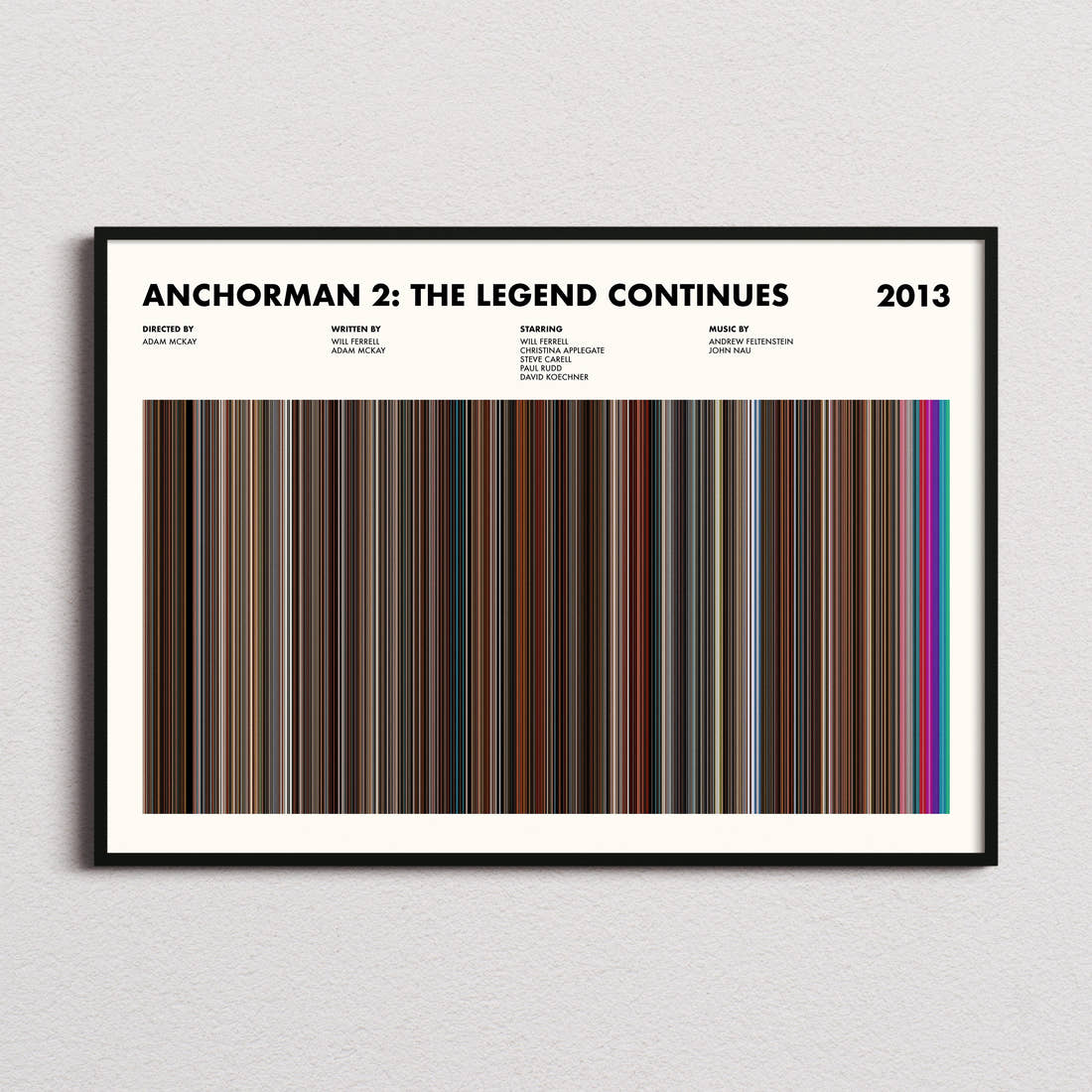 Anchorman 2: The Legend Continues Movie Barcode Poster framed and photographed straight on