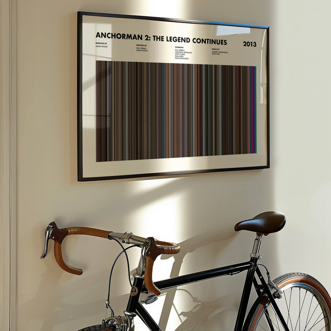 Anchorman 2: The Legend Continues Movie Barcode Poster framed on the wall of a styled room setting