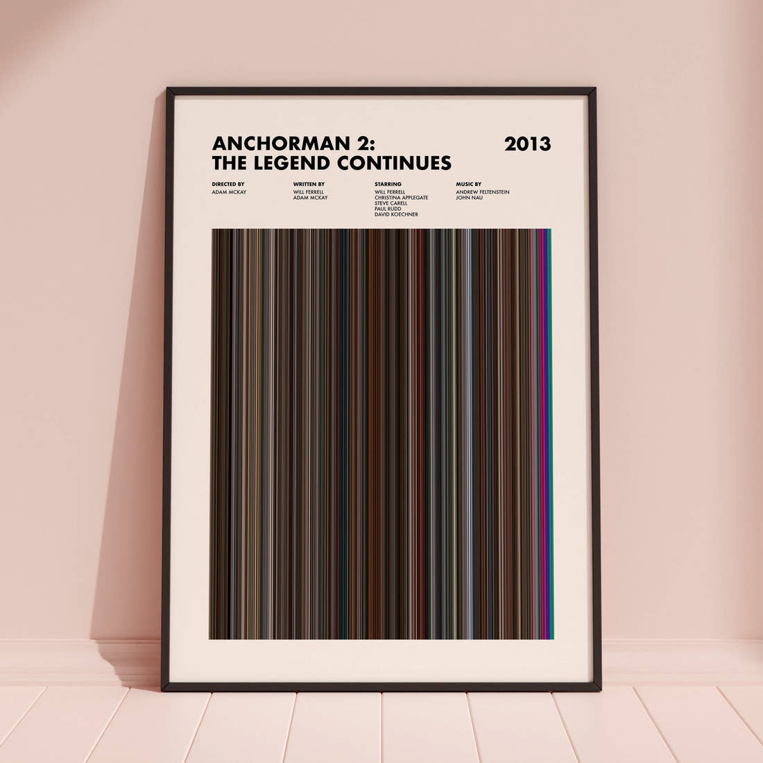 Anchorman 2: The Legend Continues Movie Barcode Poster framed and leaning against a coloured wall