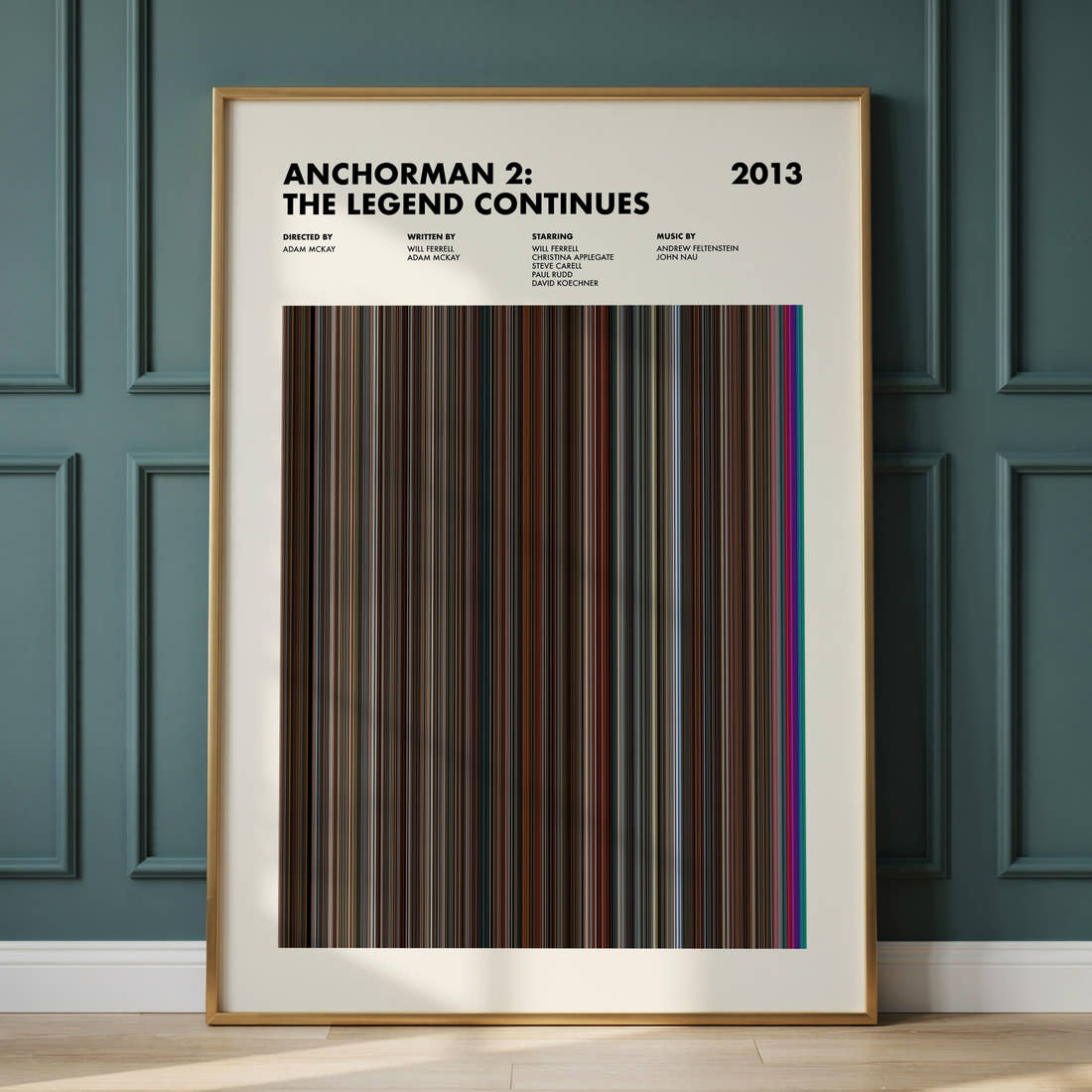 Anchorman 2: The Legend Continues Movie Barcode Poster framed and leaning against a panelled wall