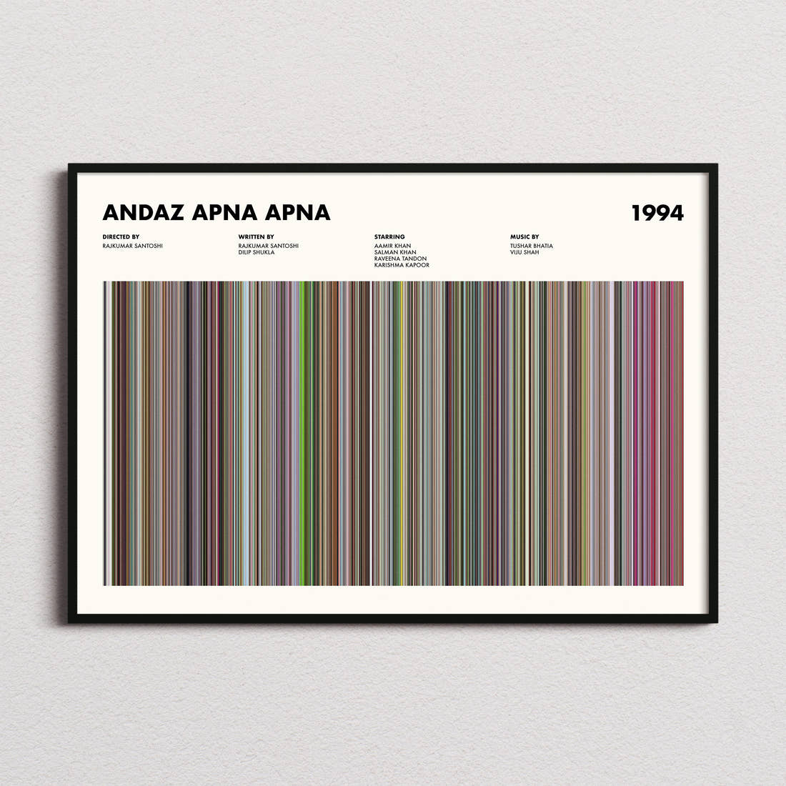 Andaz Apna Apna Movie Barcode Poster framed and photographed straight on