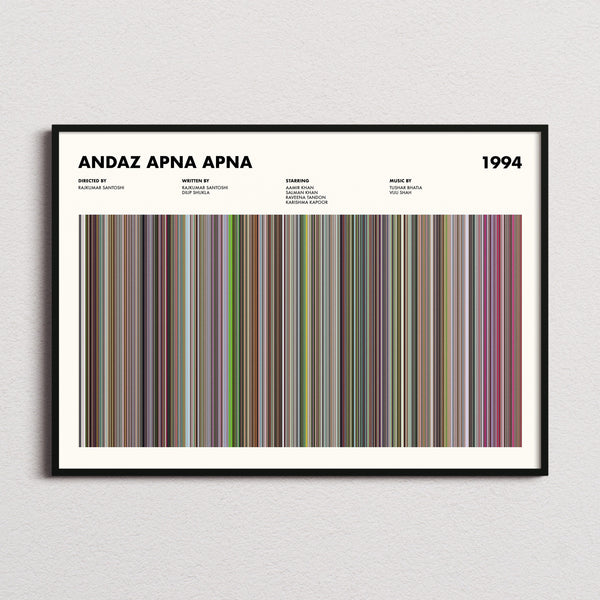 Andaz Apna Apna Movie Barcode Poster framed and photographed straight on