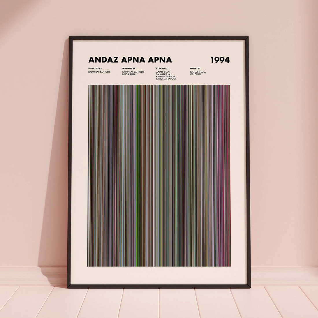 Andaz Apna Apna Movie Barcode Poster framed and leaning against a coloured wall