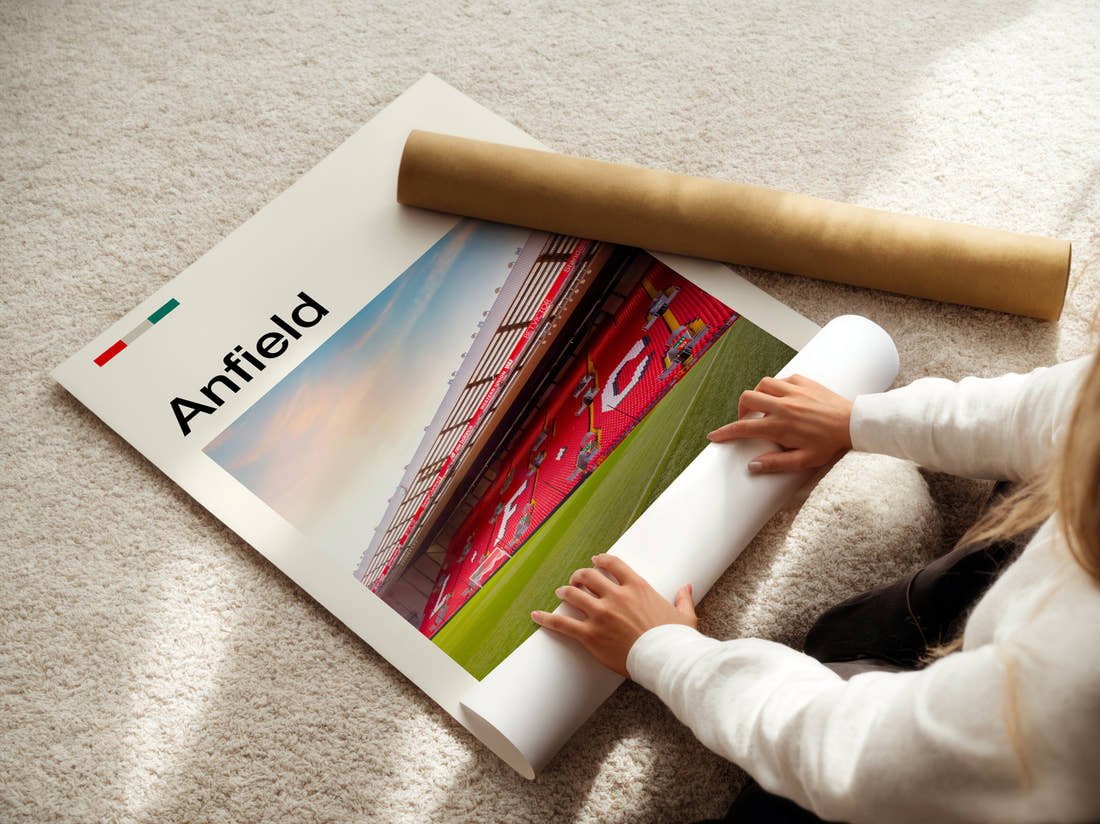 Anfield Stadium Print being unrolled from its postal tube