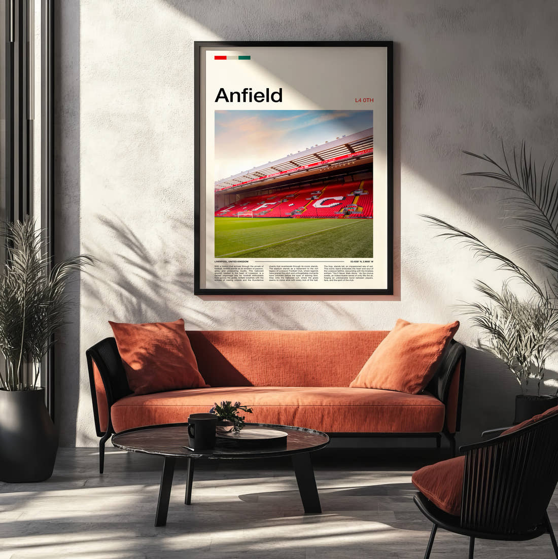 Anfield Stadium Print framed on the wall of a modern living room