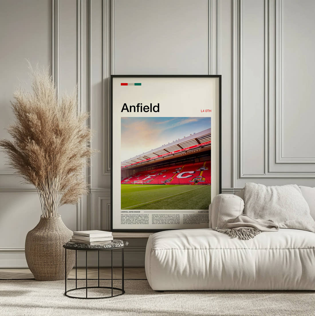 Anfield Stadium Print framed on the wall of a calm, neutral bedroom
