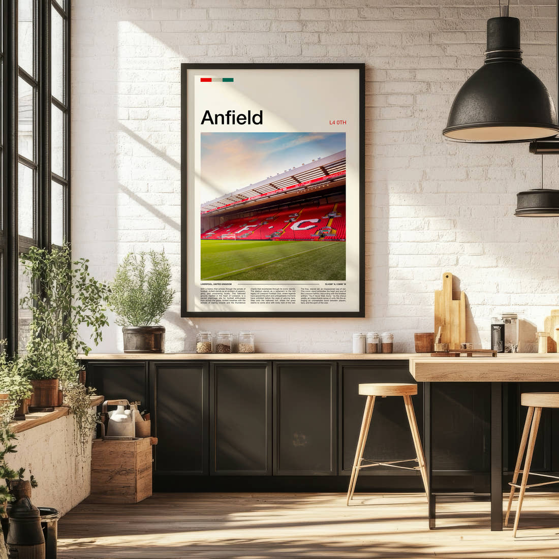 Anfield Stadium Print framed on the wall of a bright kitchen and dining space