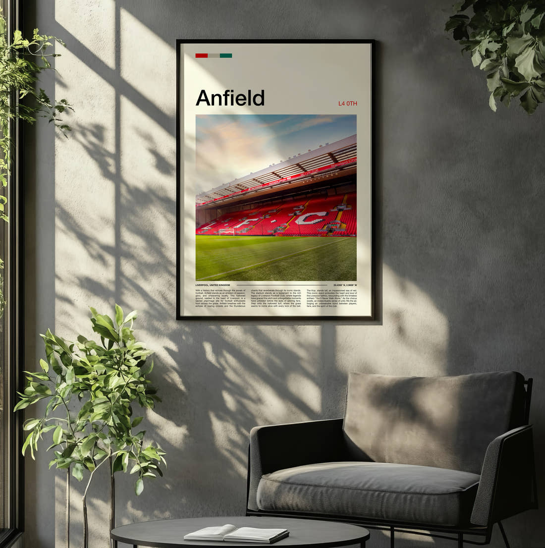 Anfield Stadium Print framed on the wall of a relaxed living room
