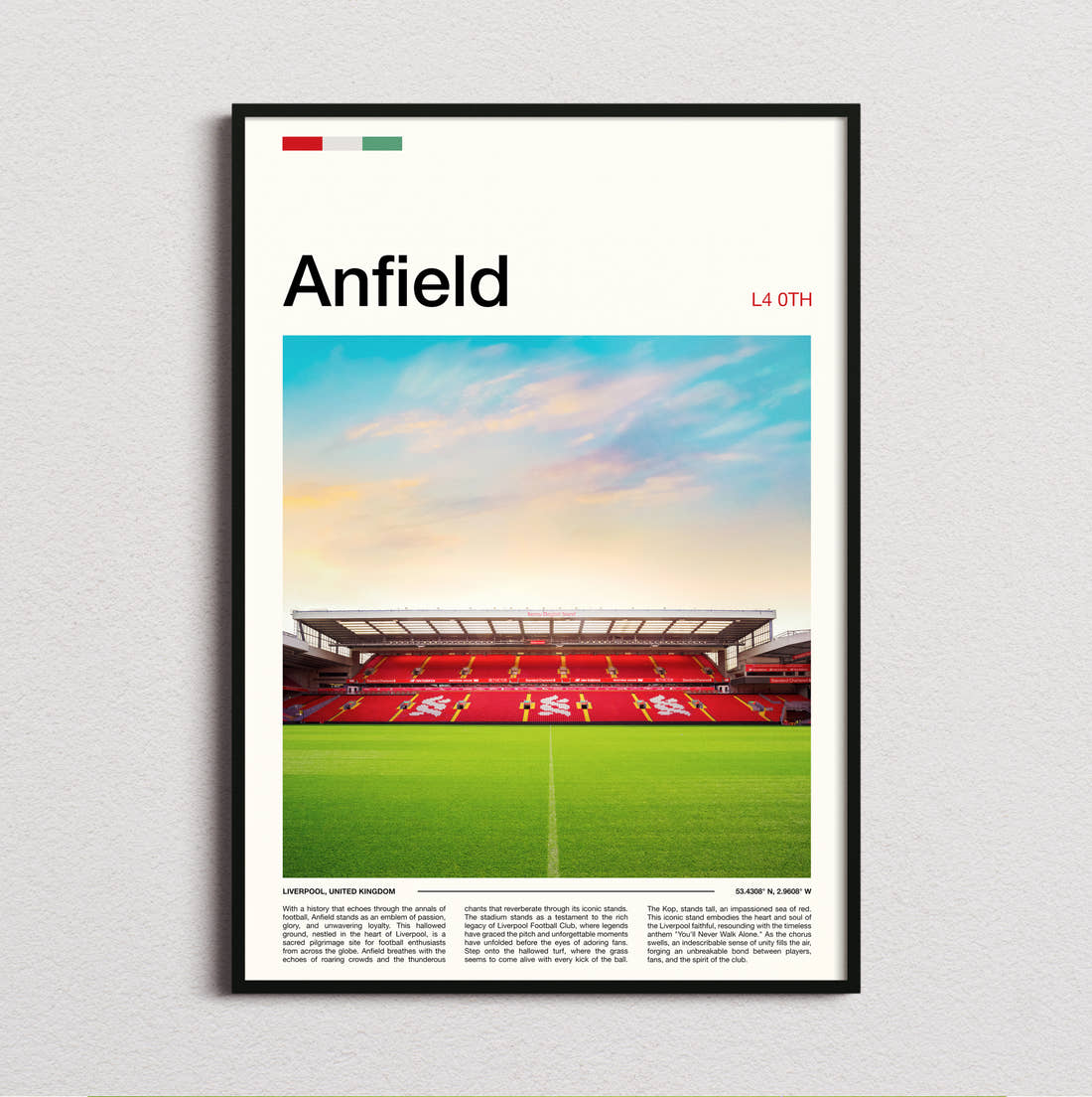 Anfield Stadium Print framed and photographed straight on