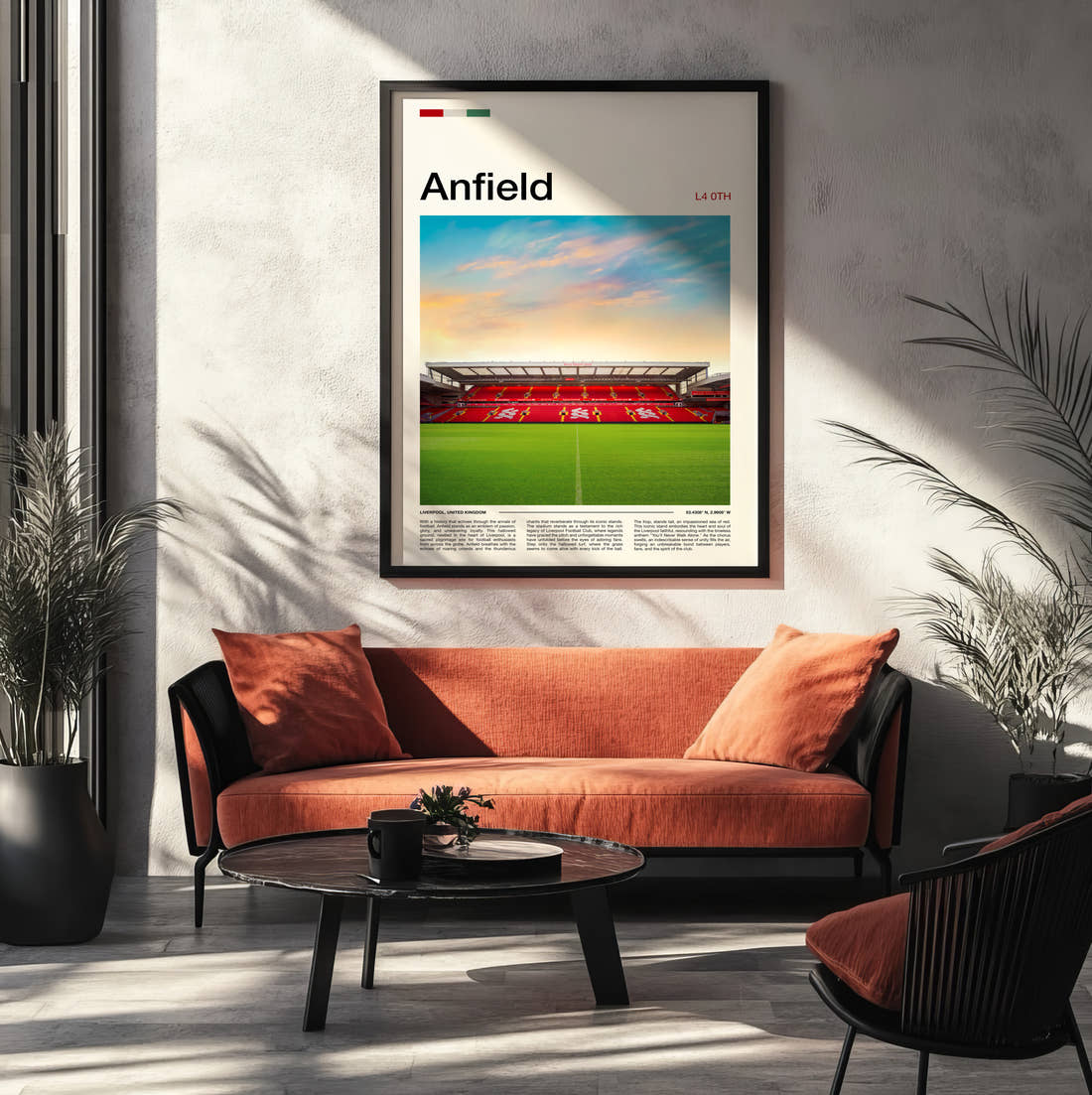 Anfield Stadium Print framed on the wall of a modern living room