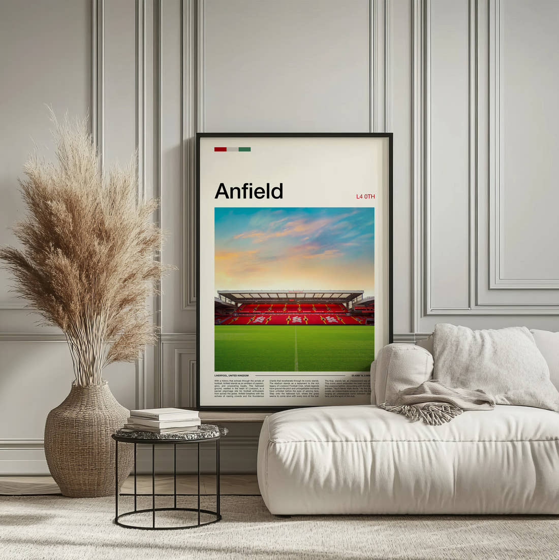 Anfield Stadium Print framed on the wall of a calm, neutral bedroom