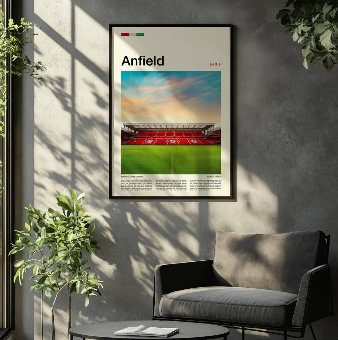 Anfield Stadium Print framed on the wall of a relaxed living room