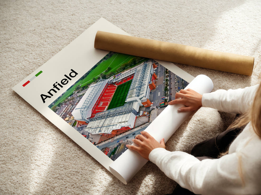 Anfield Stadium Print being unrolled from its postal tube