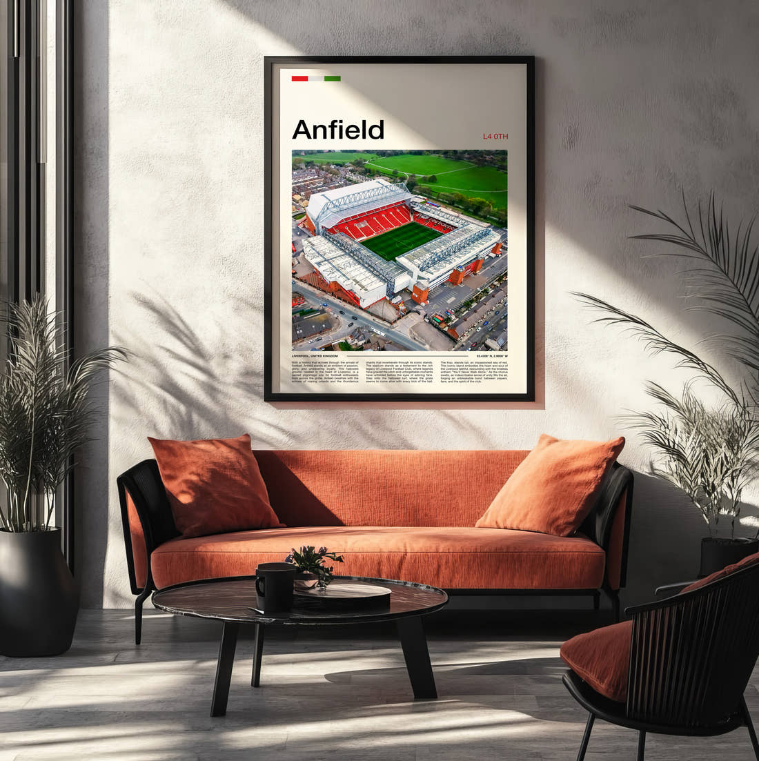 Anfield Stadium Print framed on the wall of a modern living room
