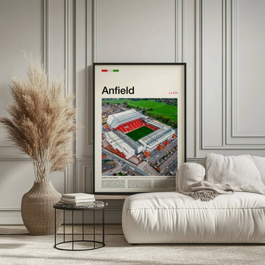 Anfield Stadium Print framed on the wall of a calm, neutral bedroom