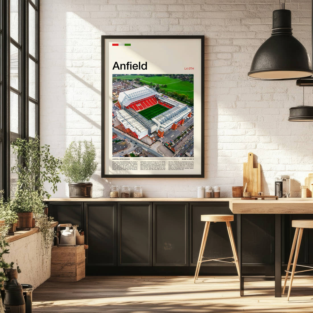 Anfield Stadium Print framed on the wall of a bright kitchen and dining space