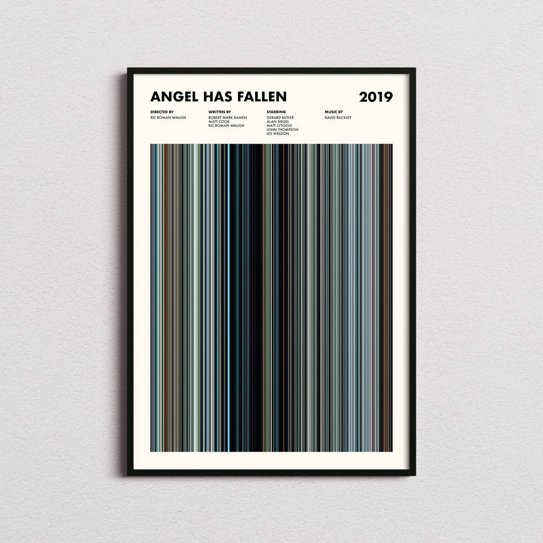 Angel Has Fallen Movie Barcode Poster framed on a plain studio wall