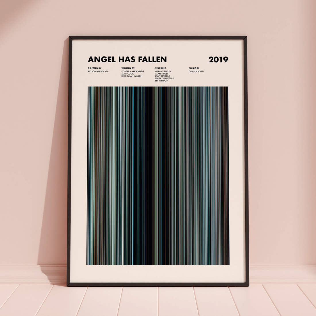 Angel Has Fallen Movie Barcode Poster framed and leaning against a coloured wall