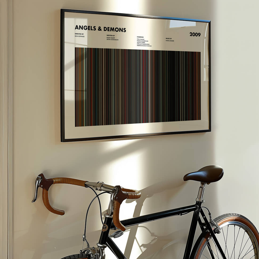 Angels & Demons Movie Barcode Poster framed on the wall of a styled room setting