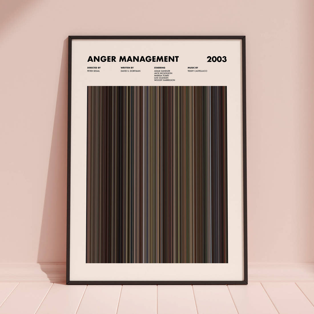 Anger Management Movie Barcode Poster framed and leaning against a coloured wall