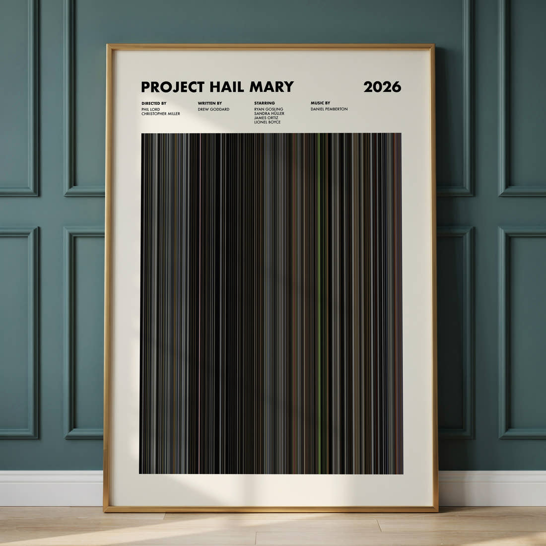 Anger Management Movie Barcode Poster framed and leaning against a panelled wall