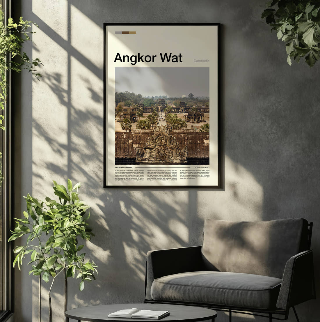 Angkor Wat Temple Causeway Travel Print framed on the wall of a relaxed living room