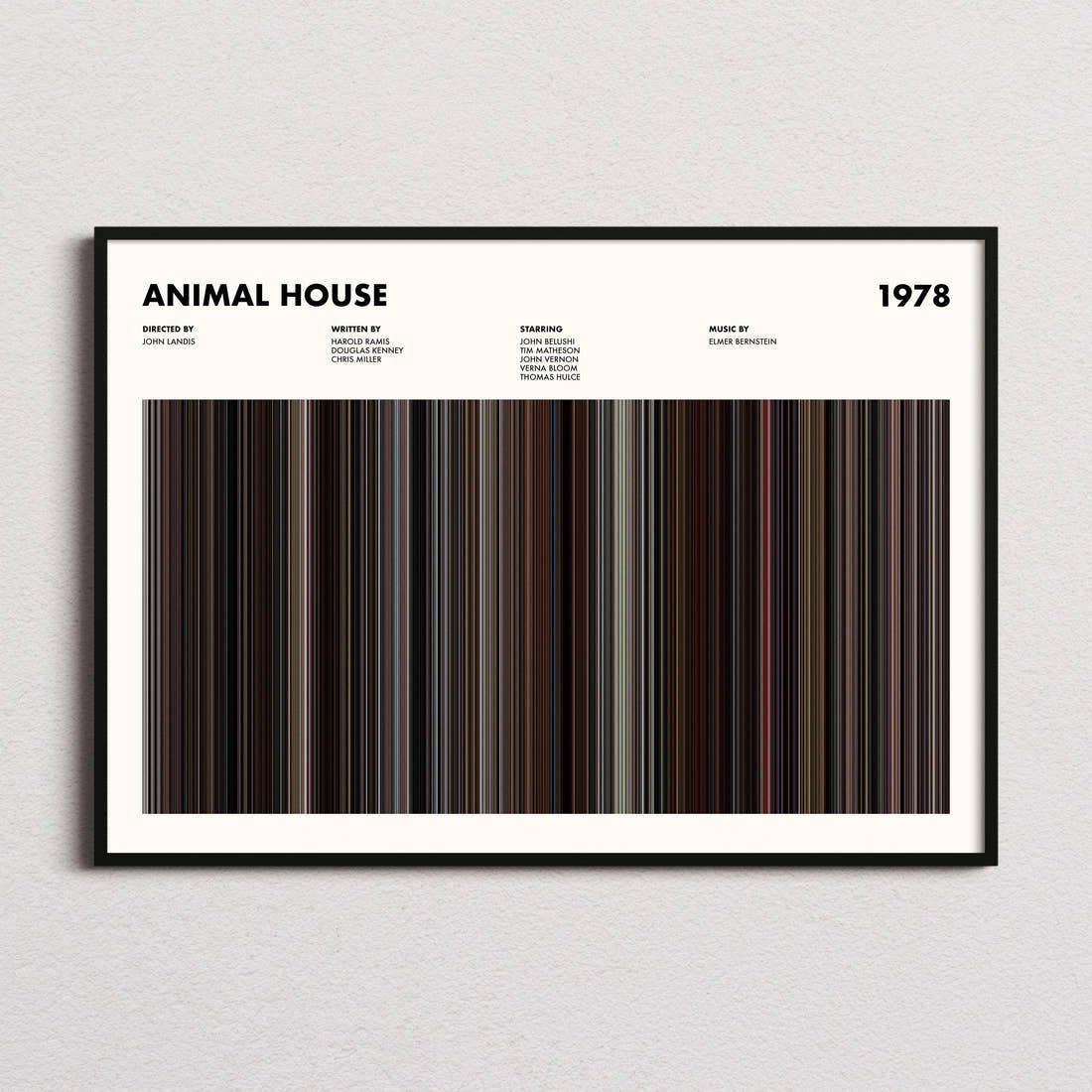 Animal House Movie Barcode Poster framed and photographed straight on
