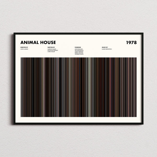 Animal House Movie Barcode Poster framed and photographed straight on