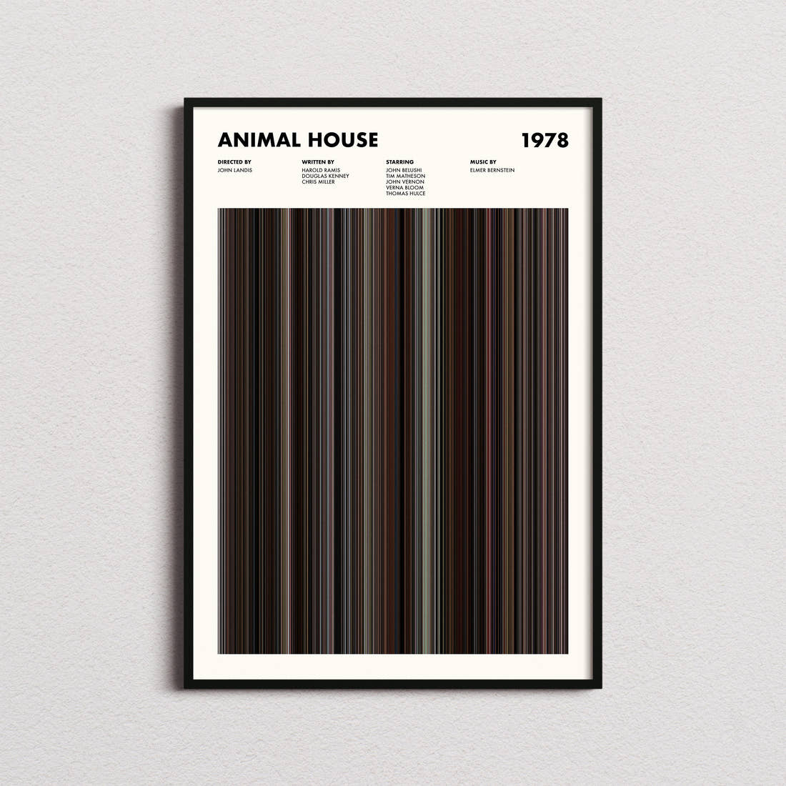 Animal House Movie Barcode Poster framed on a plain studio wall