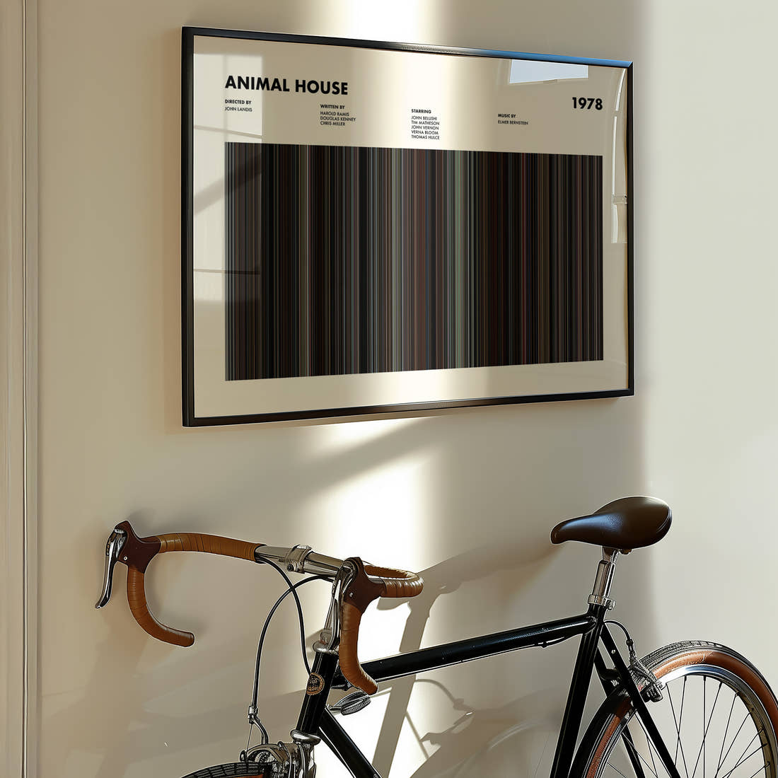 Animal House Movie Barcode Poster framed on the wall of a styled room setting