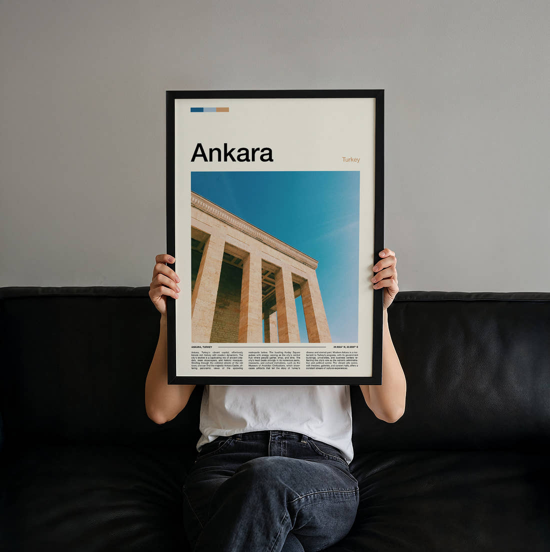Ankara Anitkabir Colonnade Travel Print held up by hand to show the size of the print