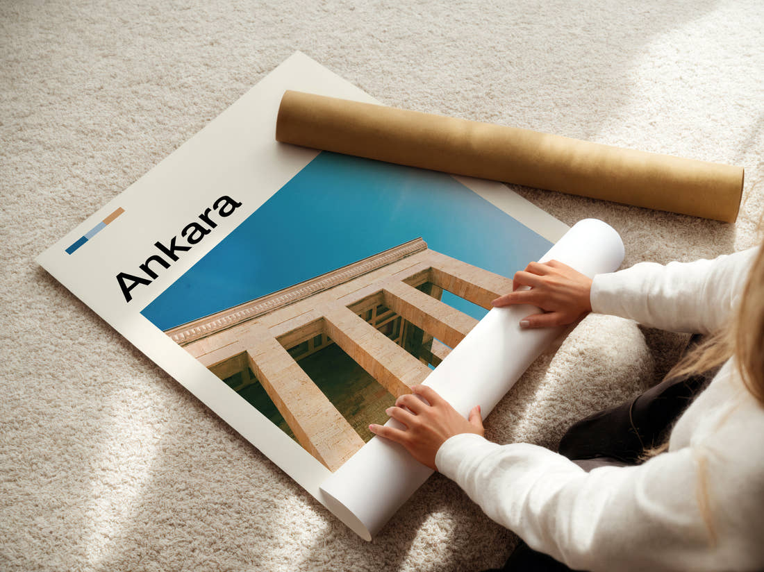 Ankara Anitkabir Colonnade Travel Print being unrolled from its postal tube