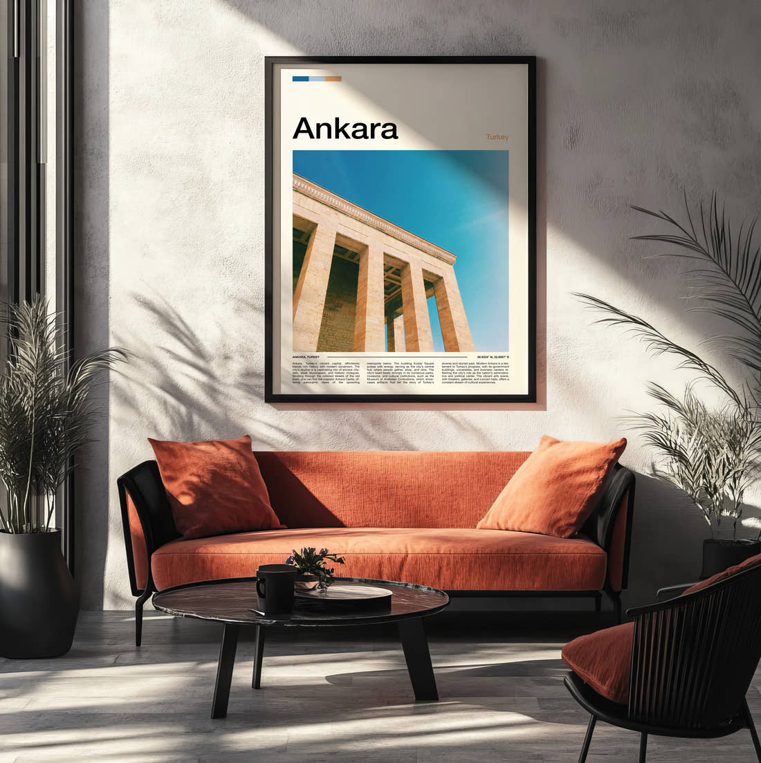Ankara Anitkabir Colonnade Travel Print framed on the wall of a modern living room