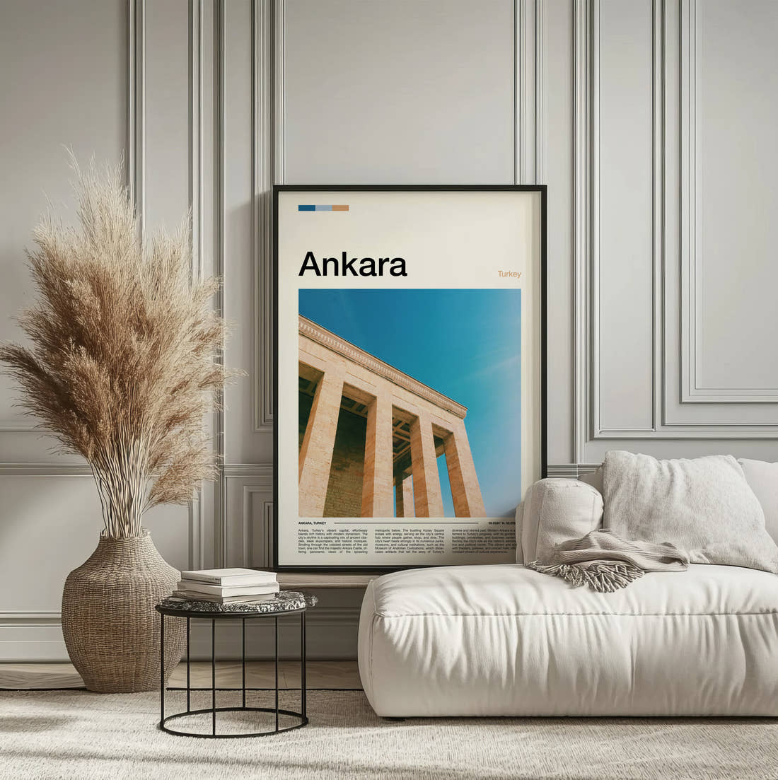 Ankara Anitkabir Colonnade Travel Print framed on the wall of a calm, neutral bedroom