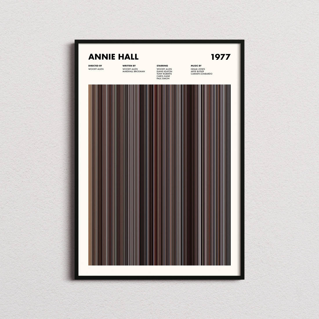 Annie Hall Movie Barcode Poster framed on a plain studio wall