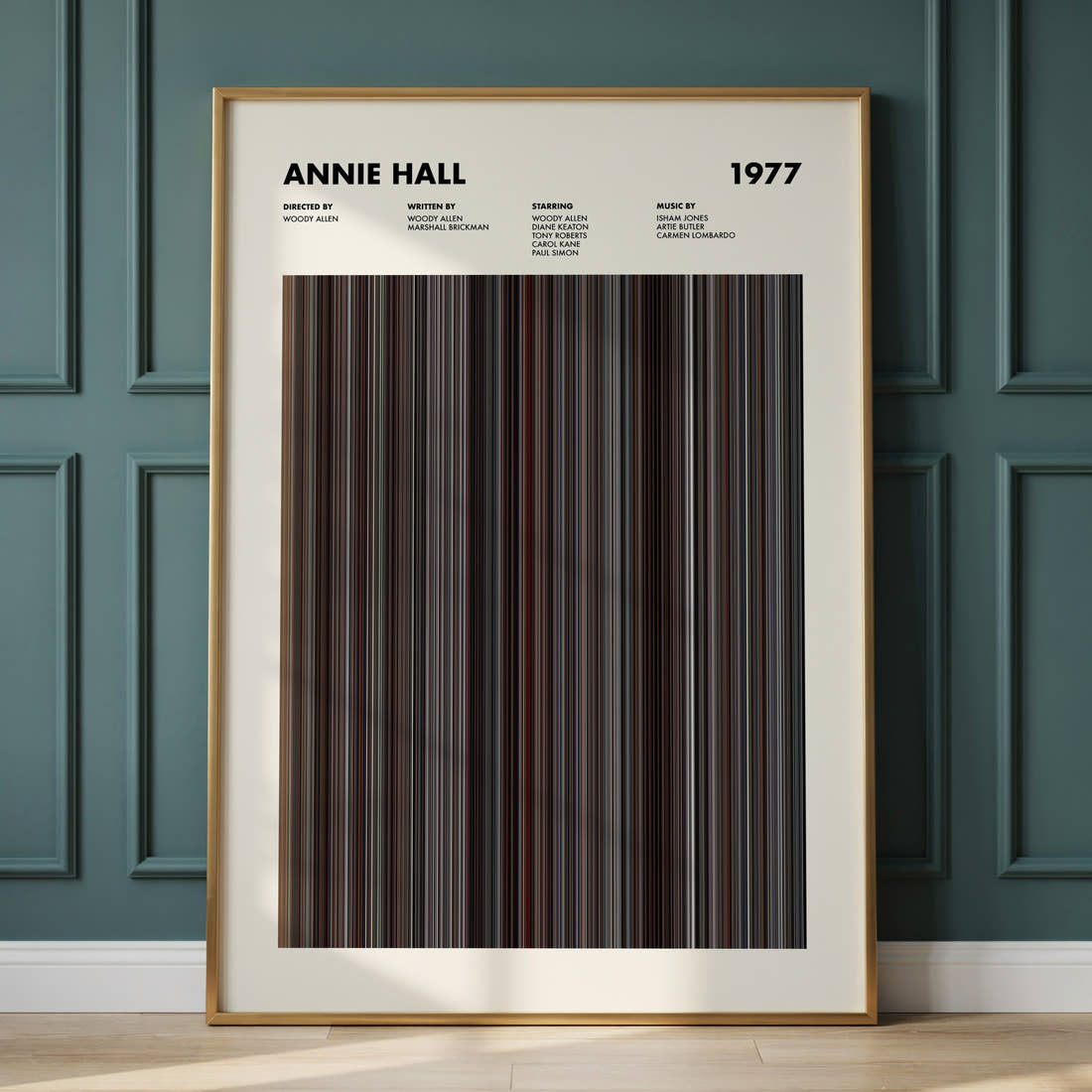 Annie Hall Movie Barcode Poster framed and leaning against a panelled wall