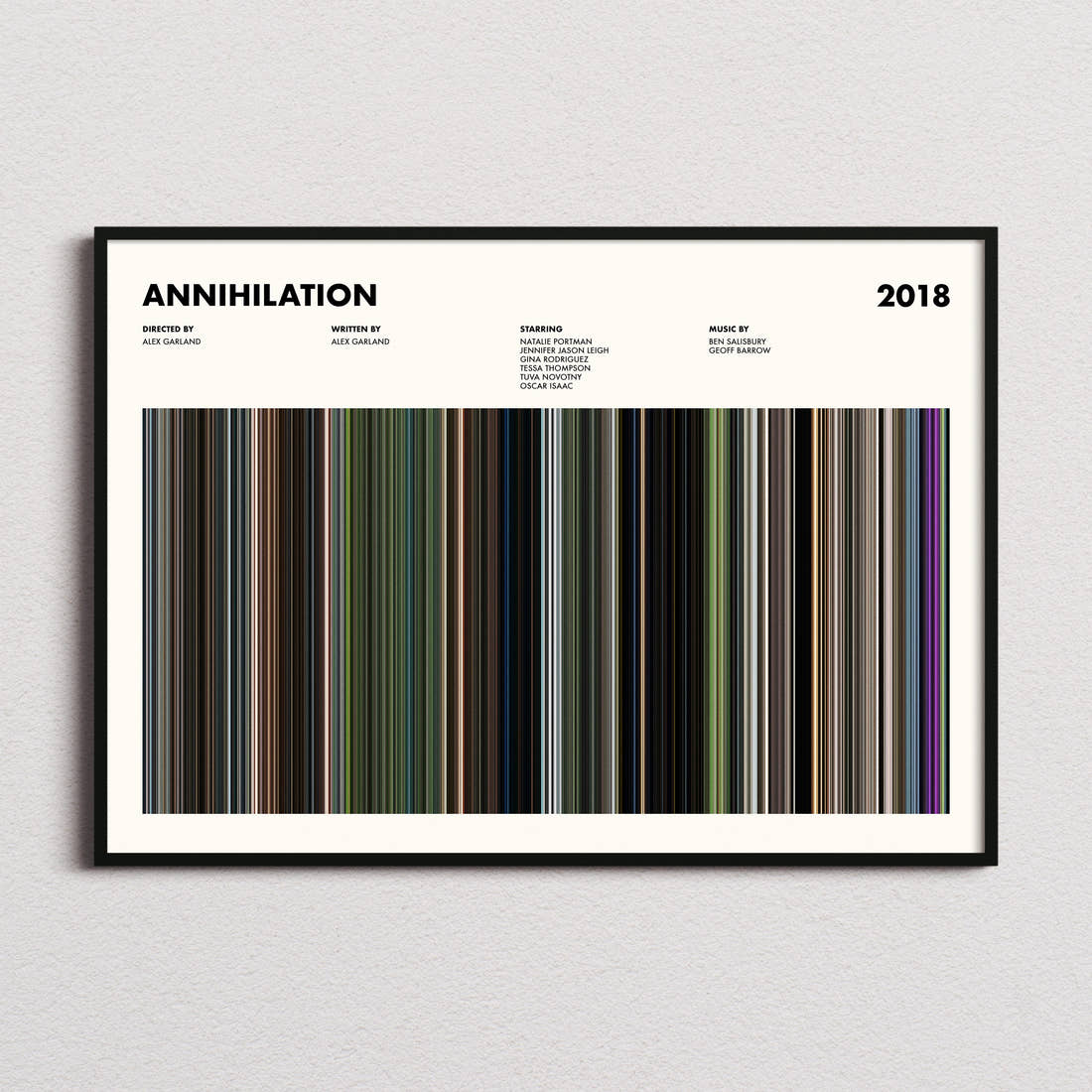 Annihilation Movie Barcode Poster framed and photographed straight on