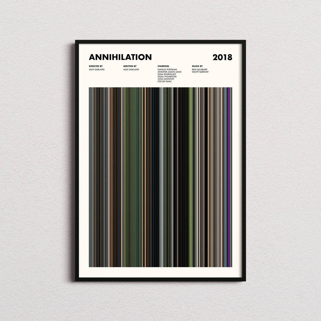 Annihilation Movie Barcode Poster framed on a plain studio wall