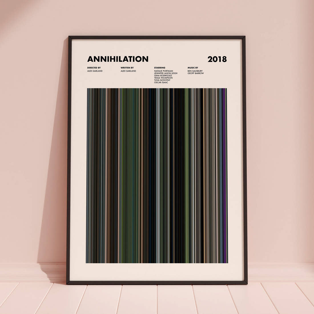 Annihilation Movie Barcode Poster framed and leaning against a coloured wall