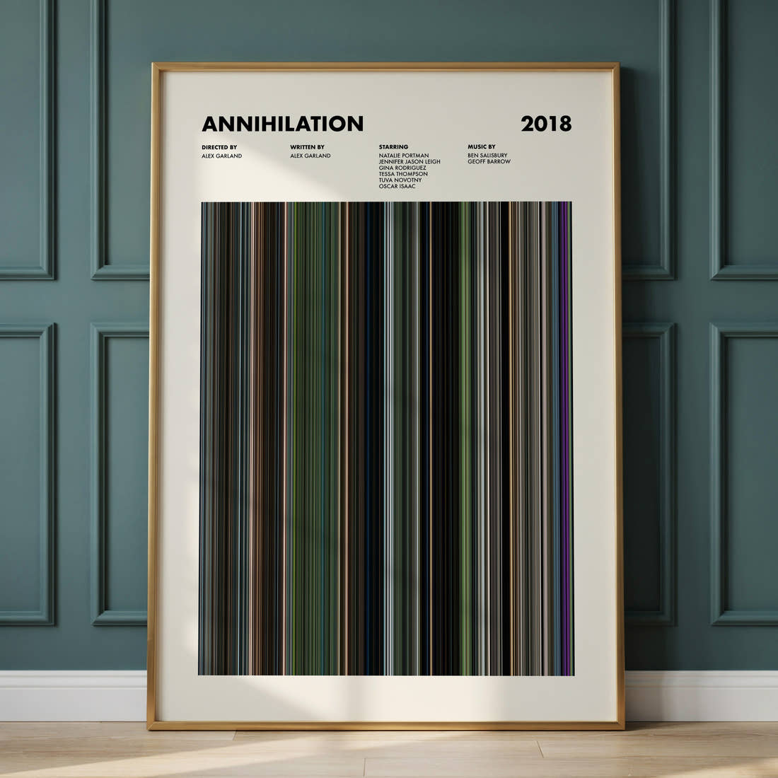 Annihilation Movie Barcode Poster framed and leaning against a panelled wall