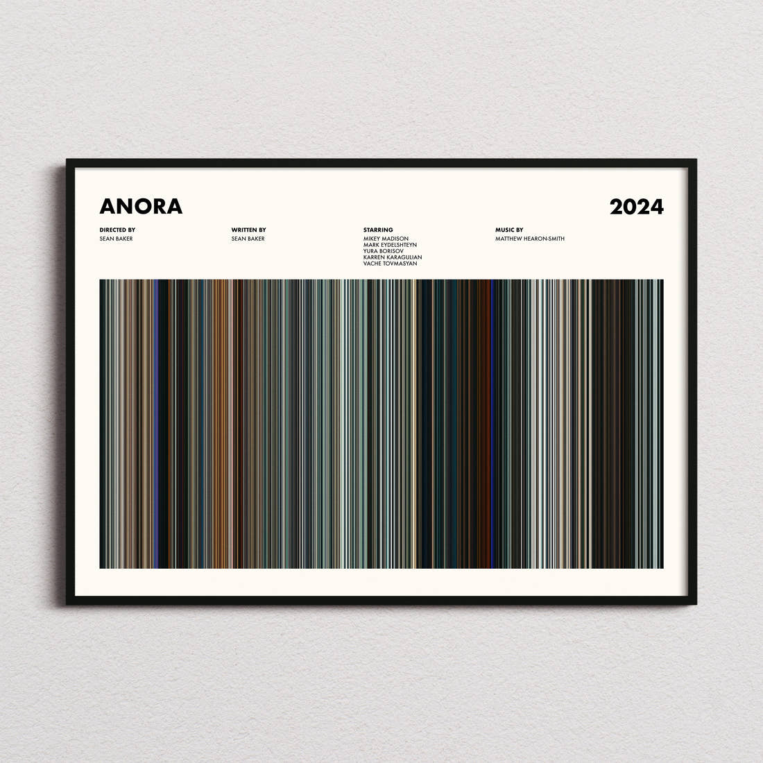 Anora Movie Barcode Poster framed and photographed straight on