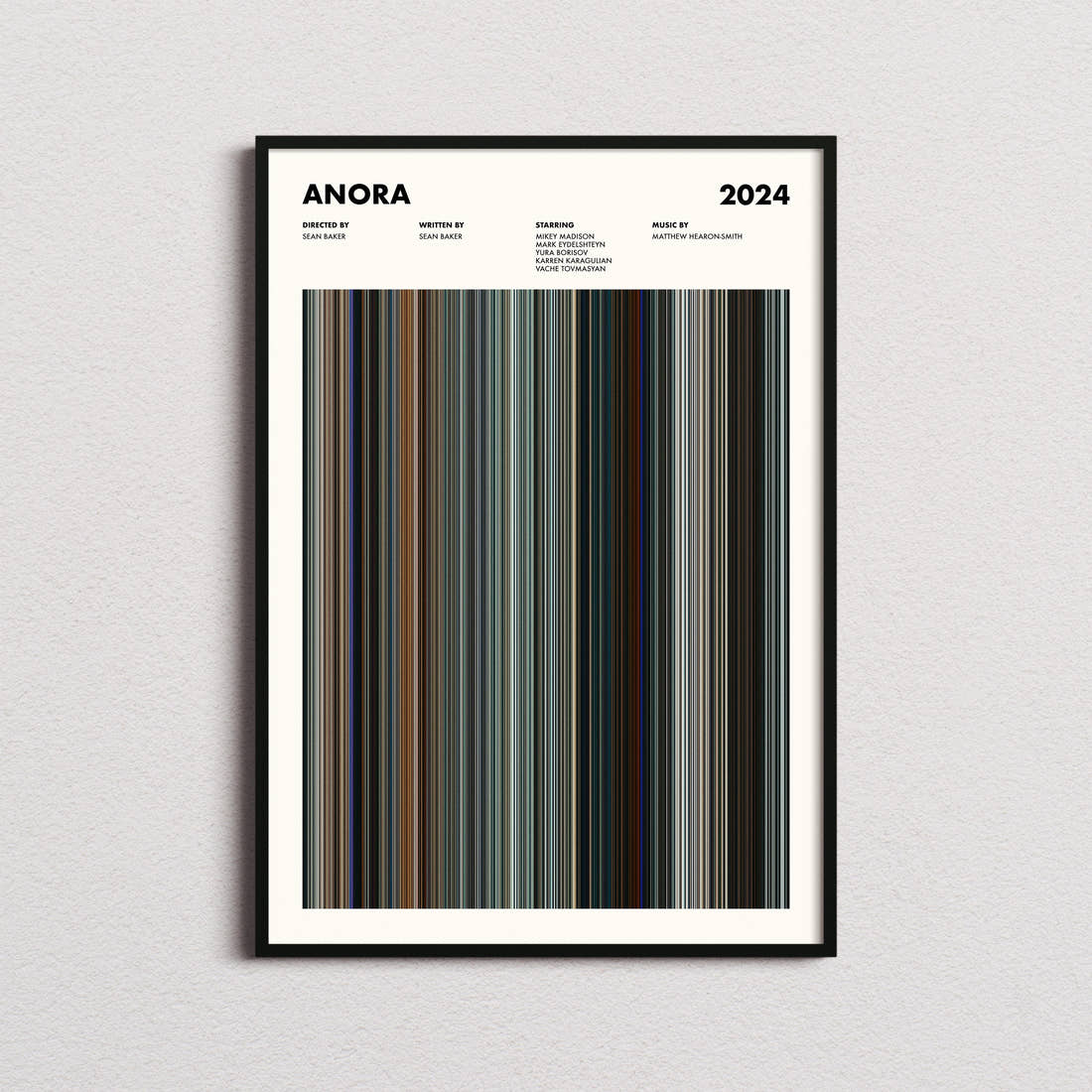 Anora Movie Barcode Poster framed on a plain studio wall