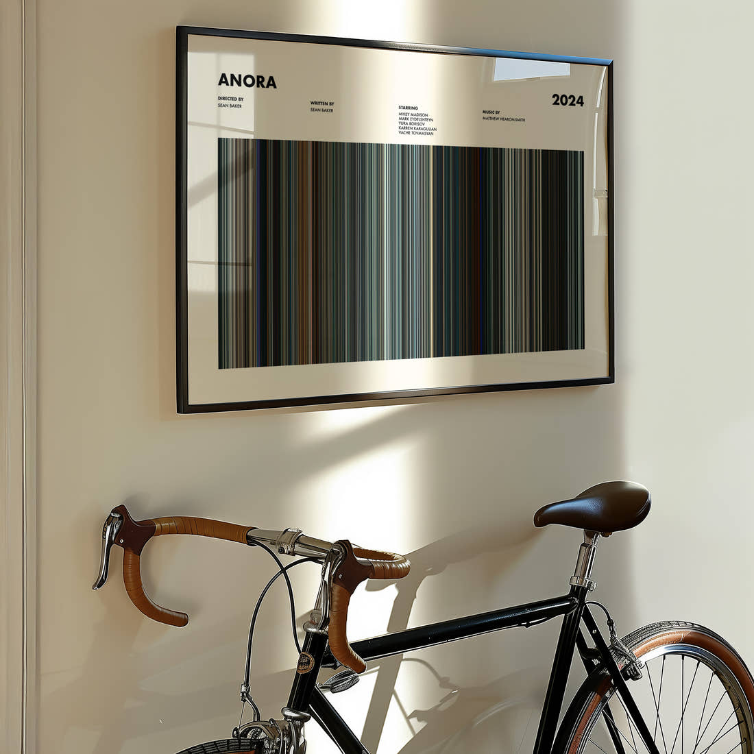 Anora Movie Barcode Poster framed on the wall of a styled room setting
