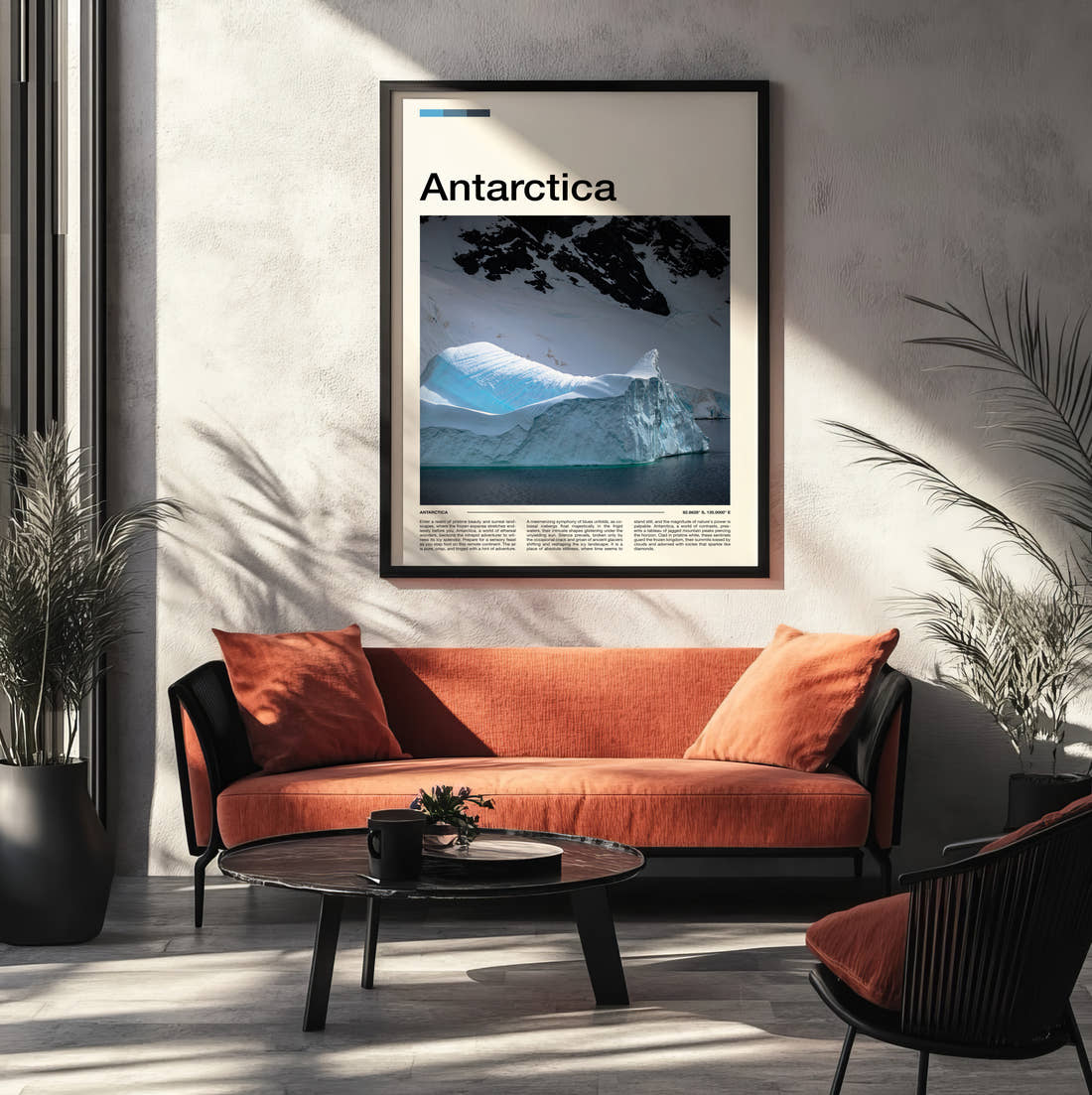 Antarctica Iceberg Travel Print framed on the wall of a modern living room