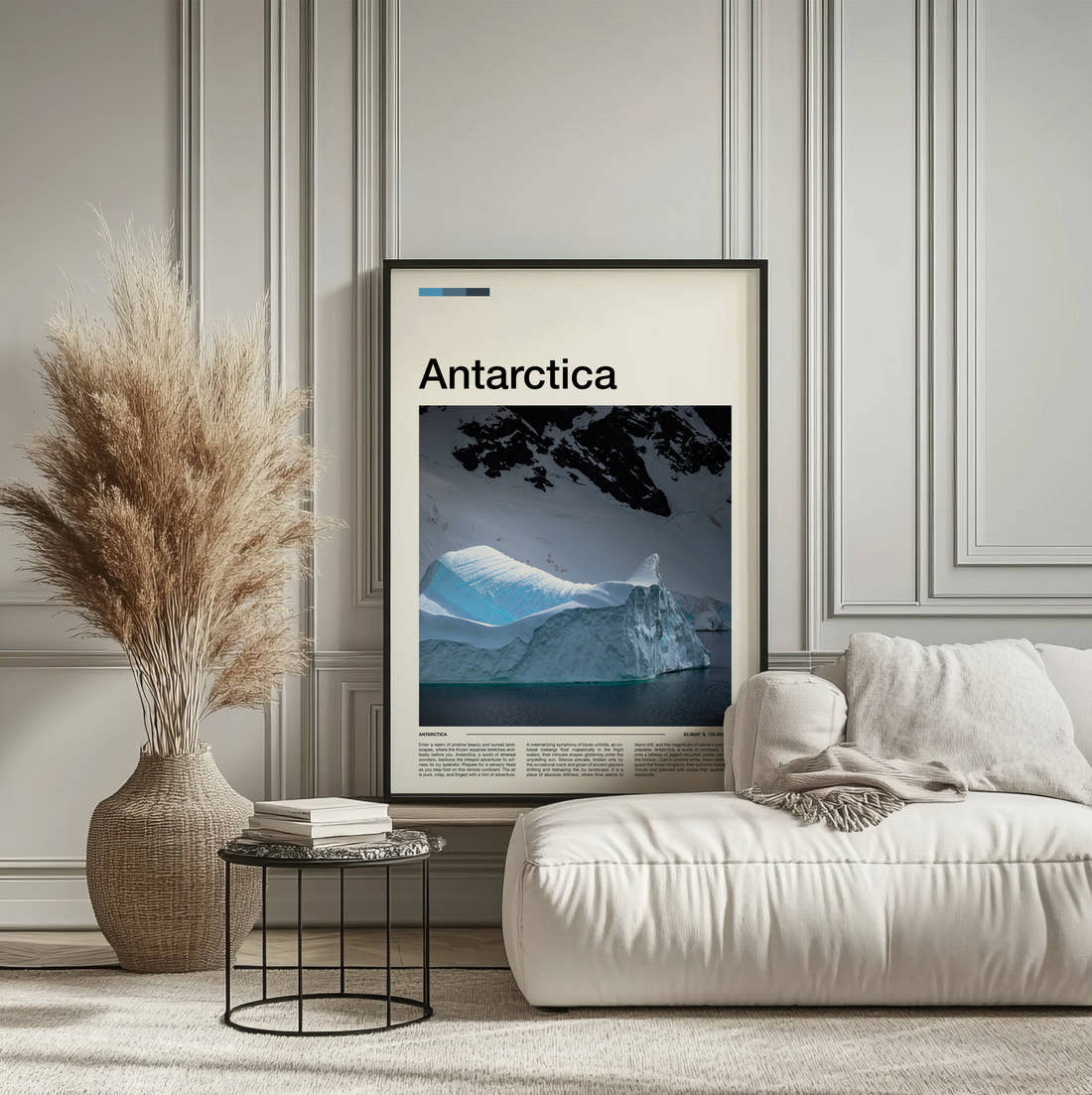Antarctica Iceberg Travel Print framed on the wall of a calm, neutral bedroom