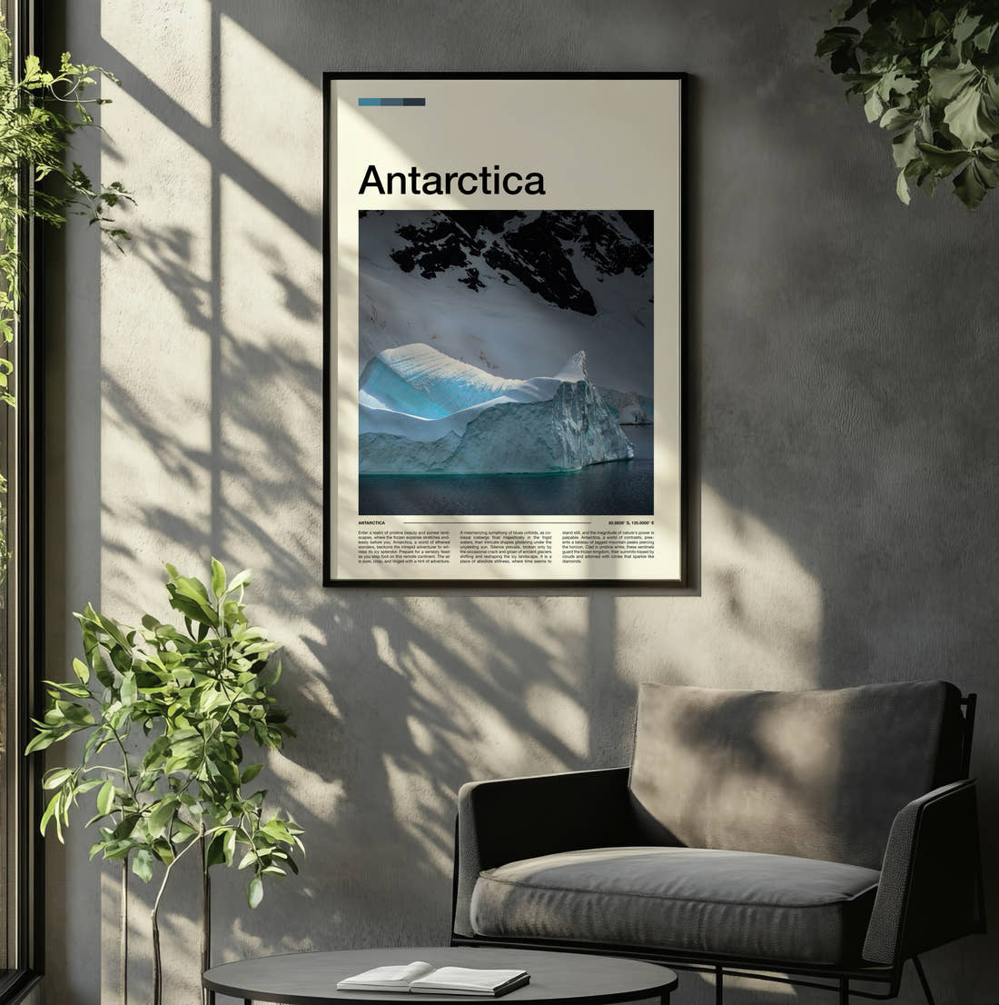 Antarctica Iceberg Travel Print framed on the wall of a relaxed living room