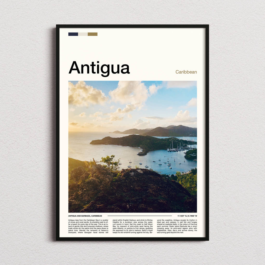Antigua Harbour From Above Travel Print framed and photographed straight on