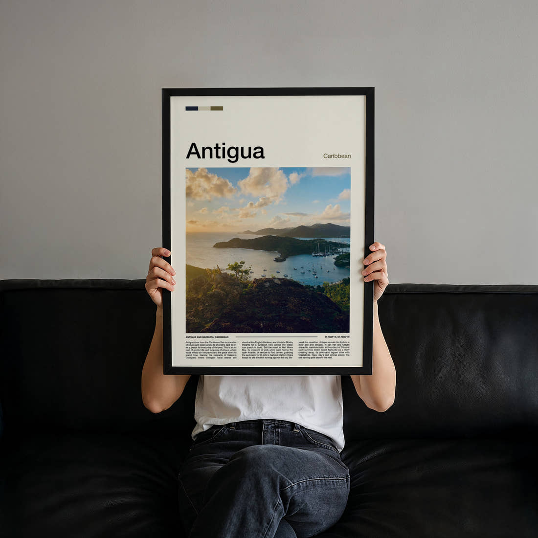Antigua Harbour From Above Travel Print held up by hand to show the size of the print